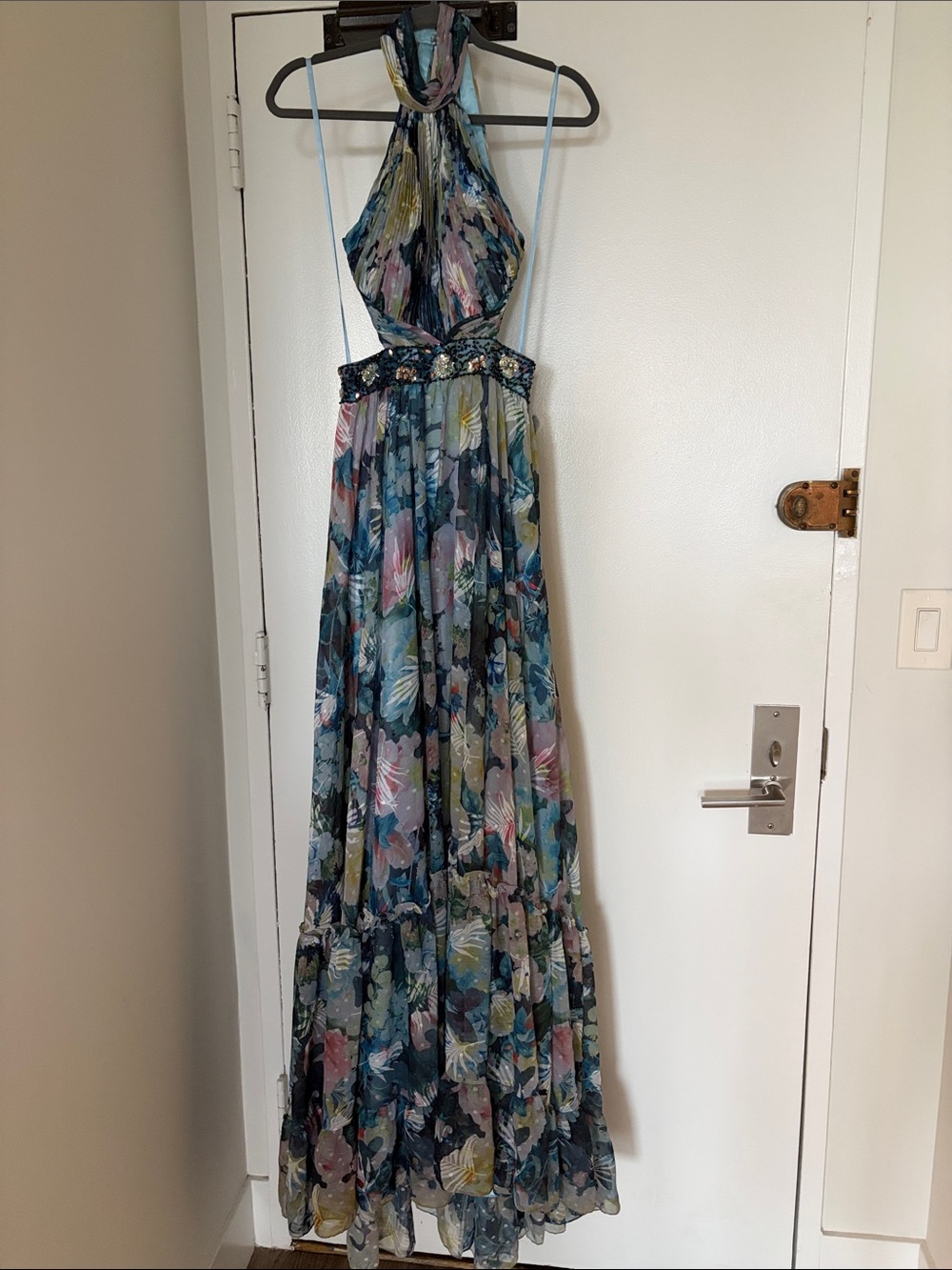 Mac Duggal Blue, Green, and Pink Embellished, Backless,Tiered Ruffle Formal Gown